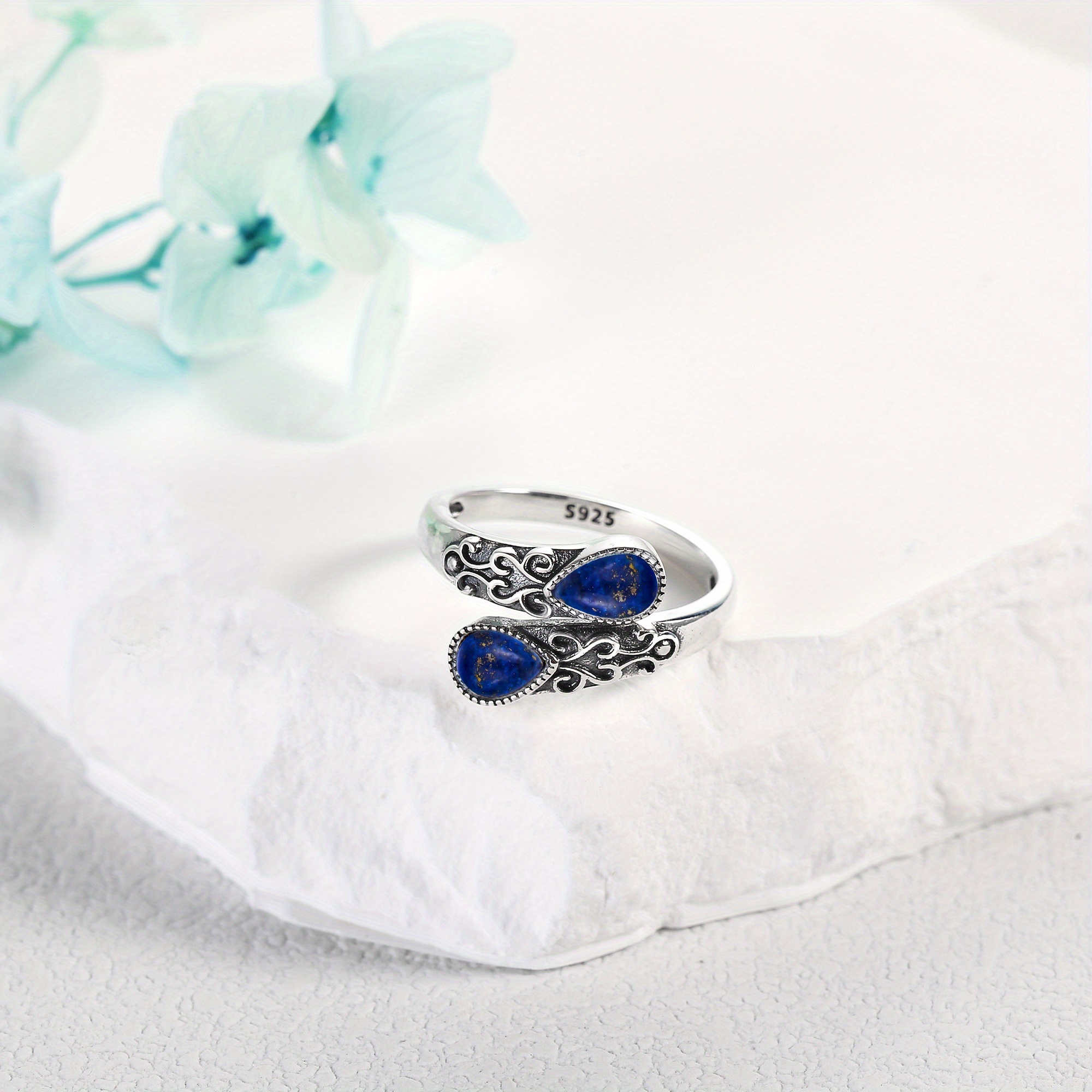 Adjustable Lapis Lazuli Ring Sterling Silver Open Band Jewelry
